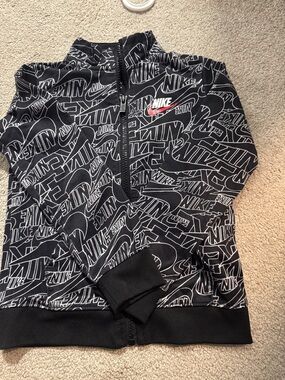 Nike Black & White Logo-Print Quarter-Zip Sweatshirt with Red Swoosh